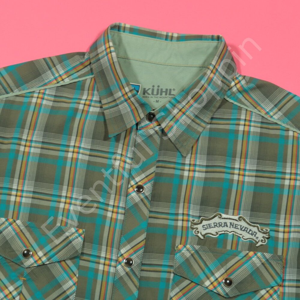 Kuhl Eluxur Shirt Mens M Green Pearl Snap Sierra Nevada Brewing Plaid